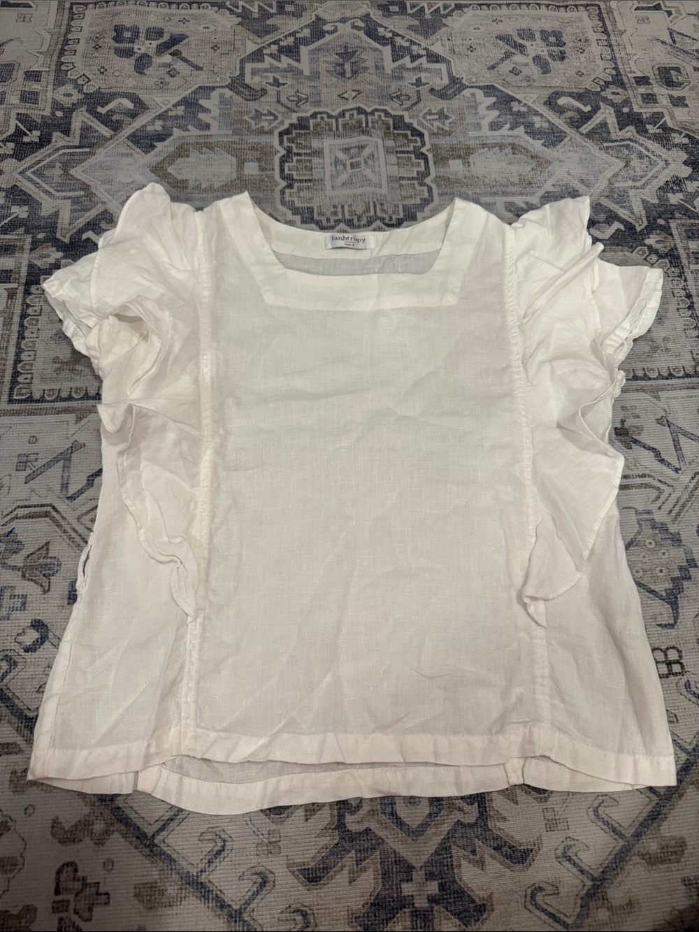 Lanhtropy White 100% Linen Ruffle Square Neck Blouse Top S